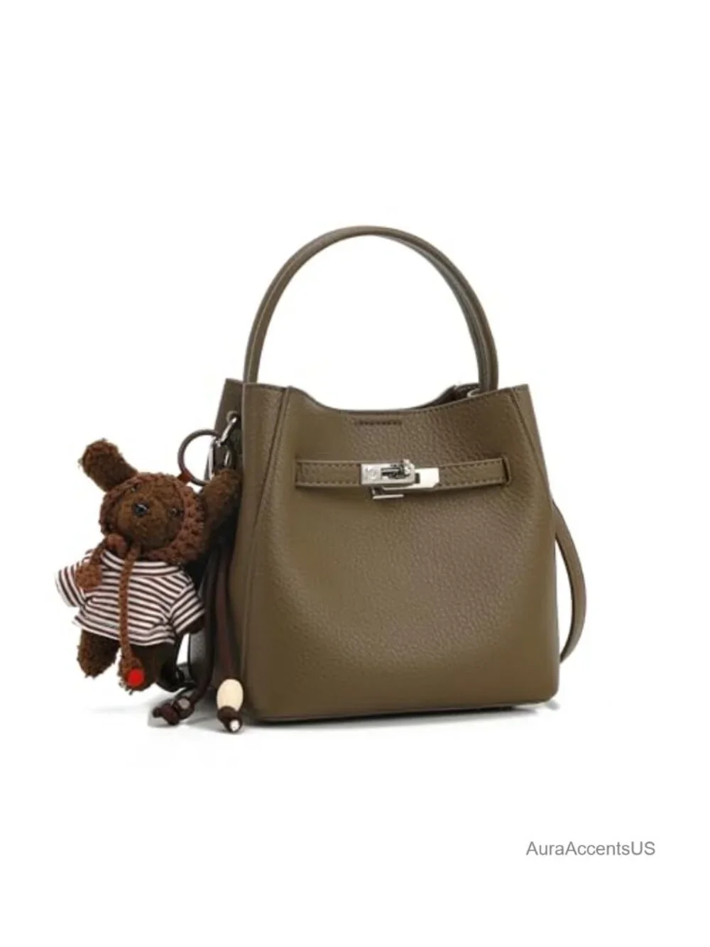 Pebbled Leather Small Crossbody Bag with Lock Accent, Top Handle Satchel Tote